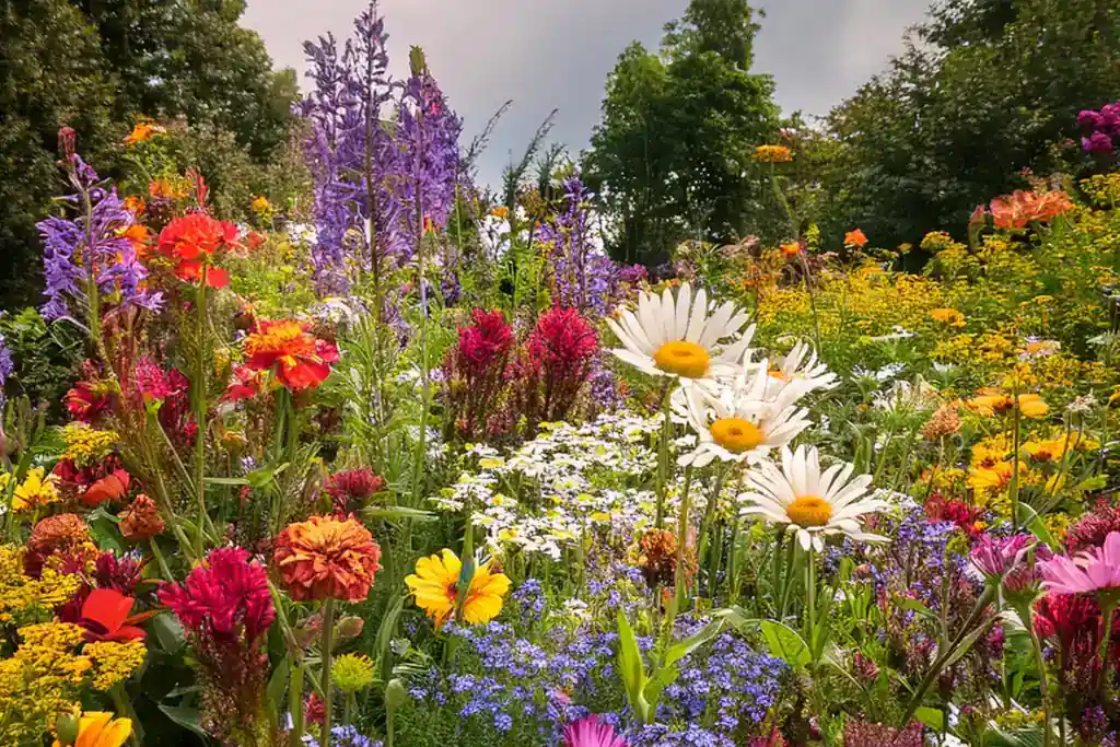 Informal wildflower patch with mixed colorful blooms beside a lawn.