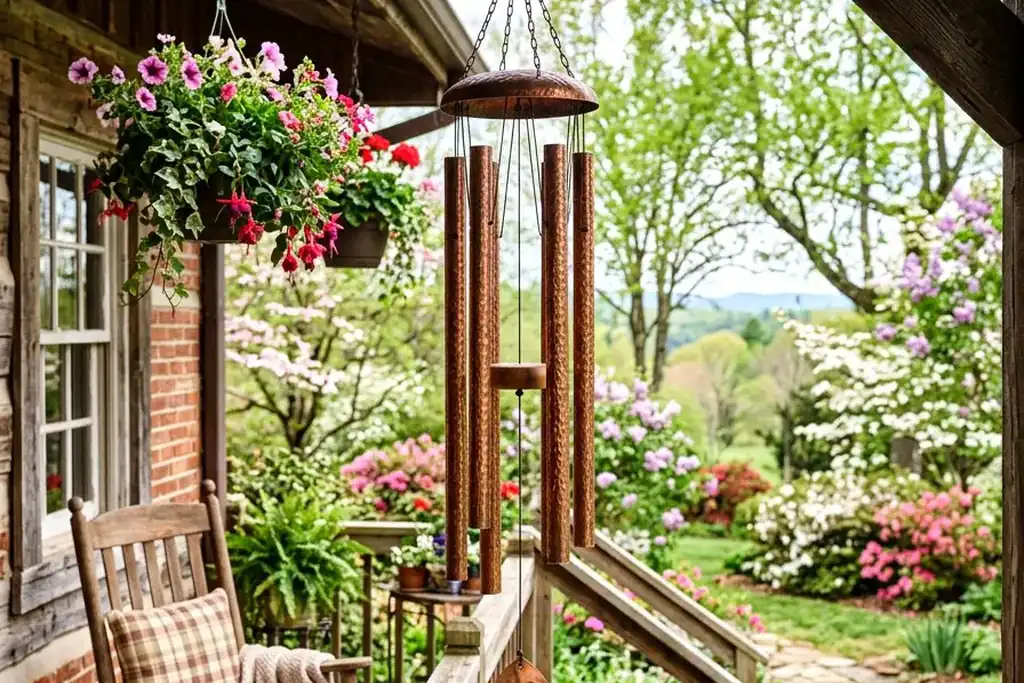 Wind chimes hanging from a branch above a garden path.