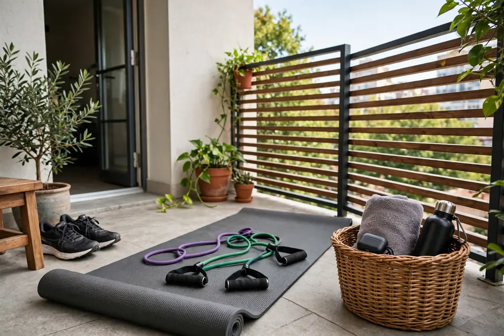 Balcony workout spot with a mat, bands, and a basket in fresh air.