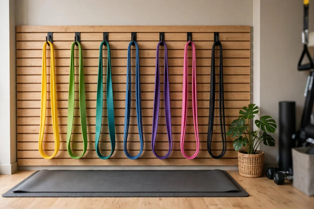Wall station with resistance bands hung on hooks in order.
