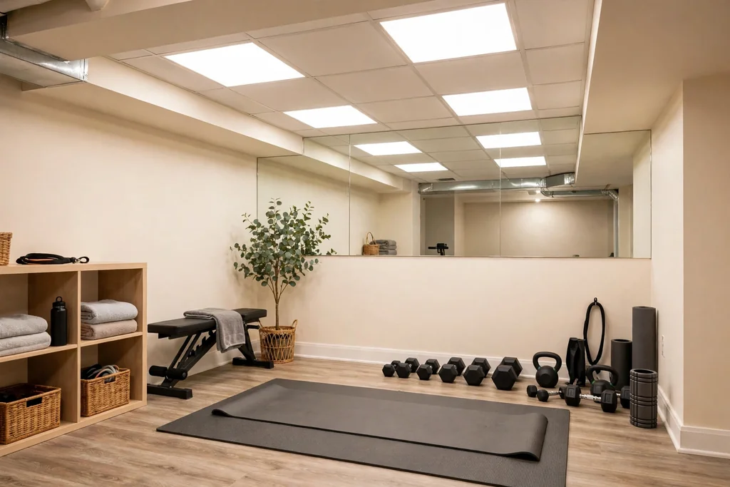 Bright basement gym zone with pale walls, ceiling lights, and a mirror.
