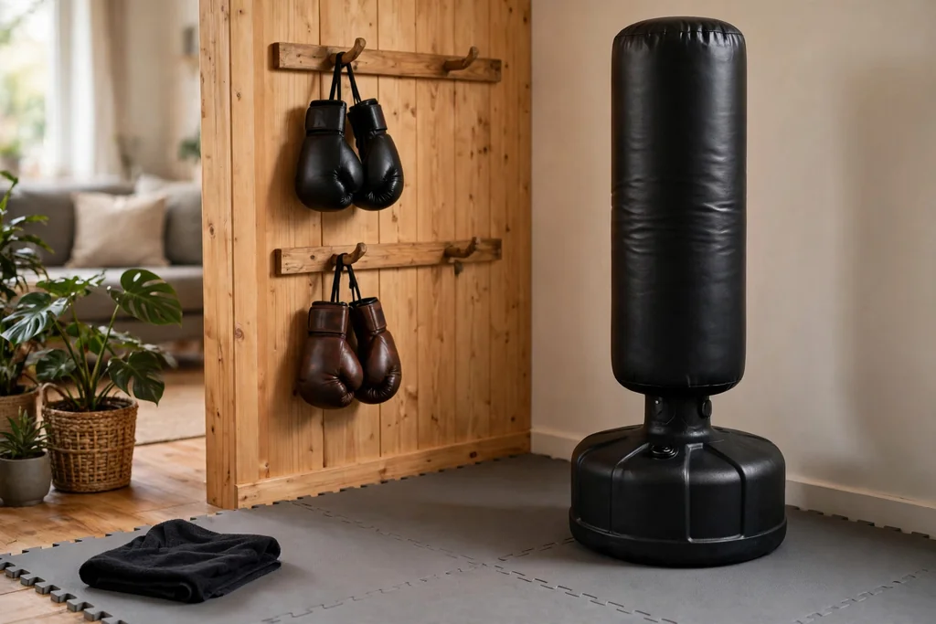 Boxing corner with a freestanding bag, gloves on hooks, and a mat.