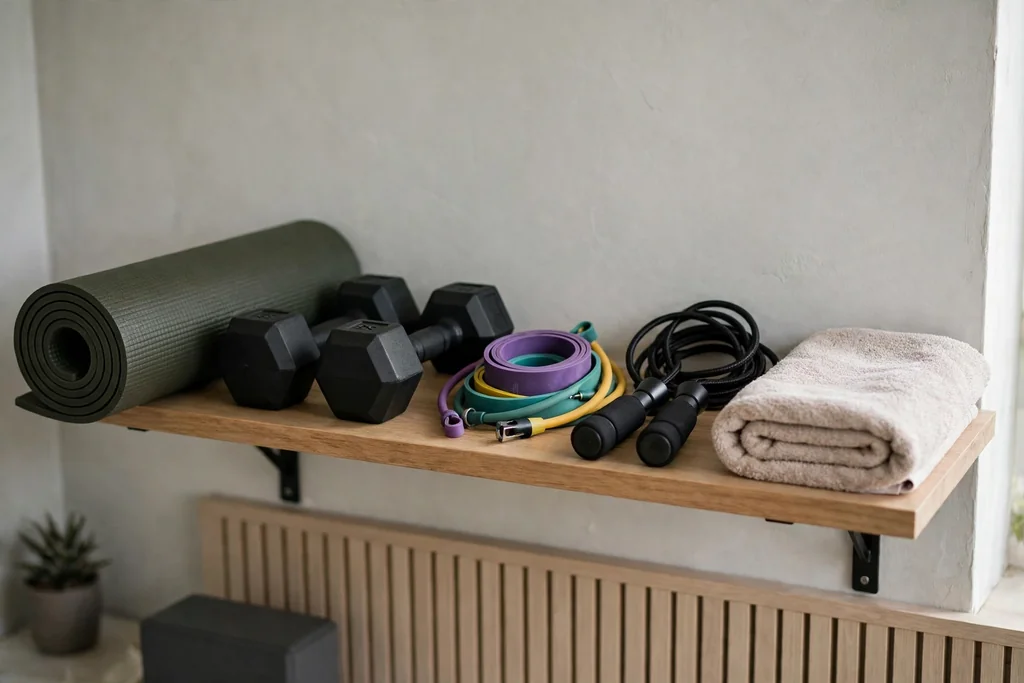Single shelf with a mat, dumbbells, bands, a skipping rope, and a towel.