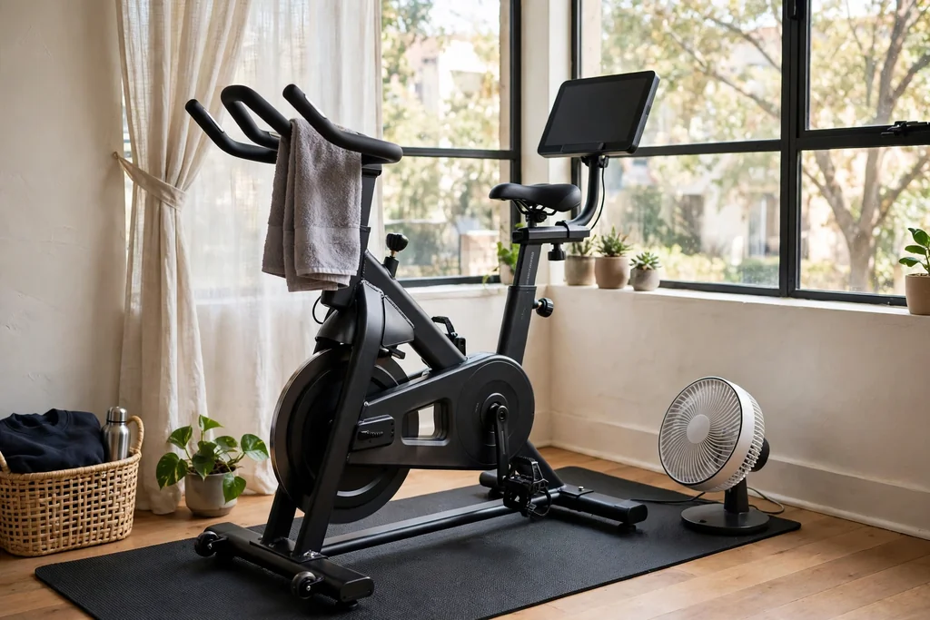 Cardio corner with an exercise bike, a mat beneath it, and a small fan.
