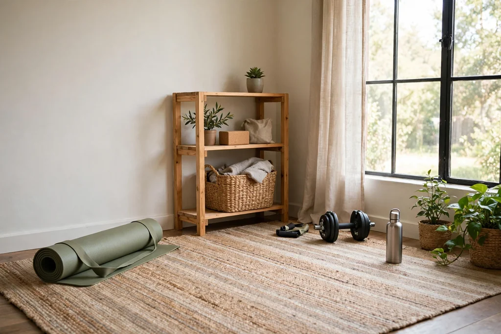 Quiet home gym corner with a large rug, a rolled mat, and a small shelf.