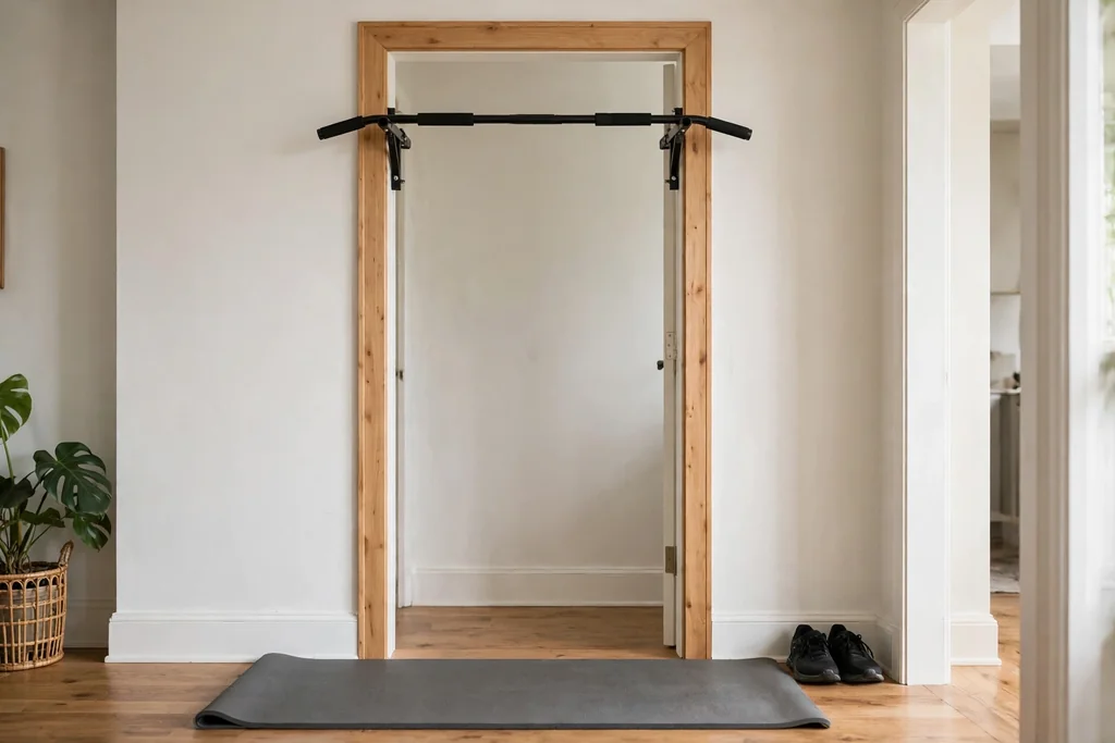 Doorway pull up bar fitted in a home doorway with a mat below.