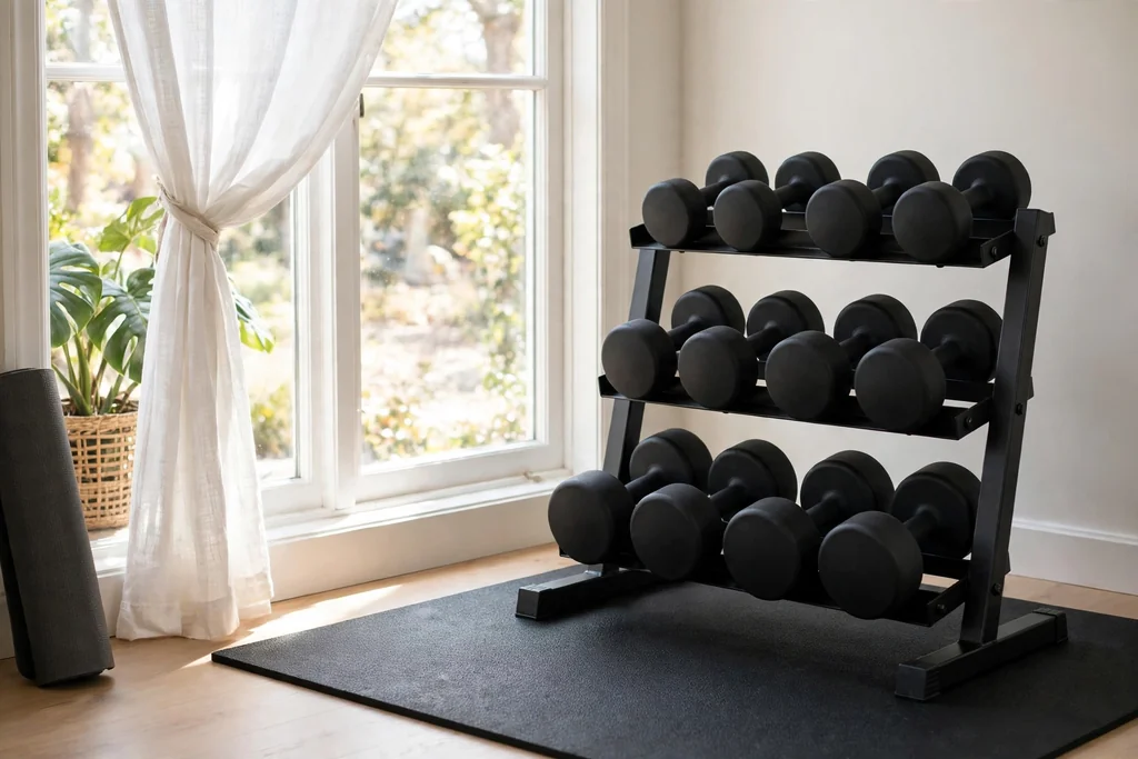Compact dumbbell rack beside a bright window in a home gym.