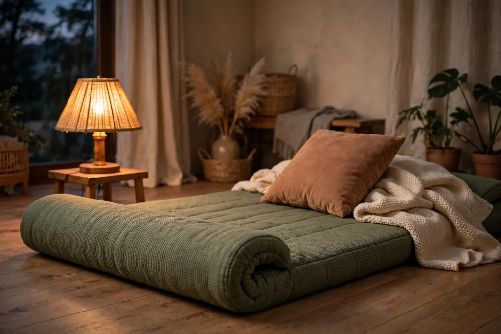 Evening stretching space with a soft lamp, thick mat, blanket, and cushion.