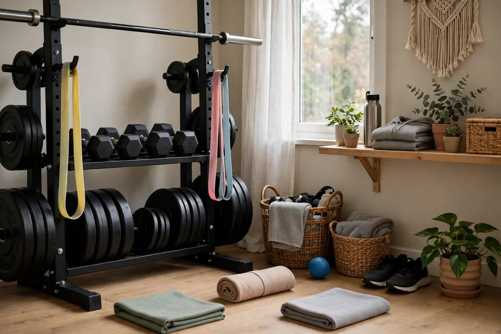 Shared family gym corner with a rack, light bands, and small mats.