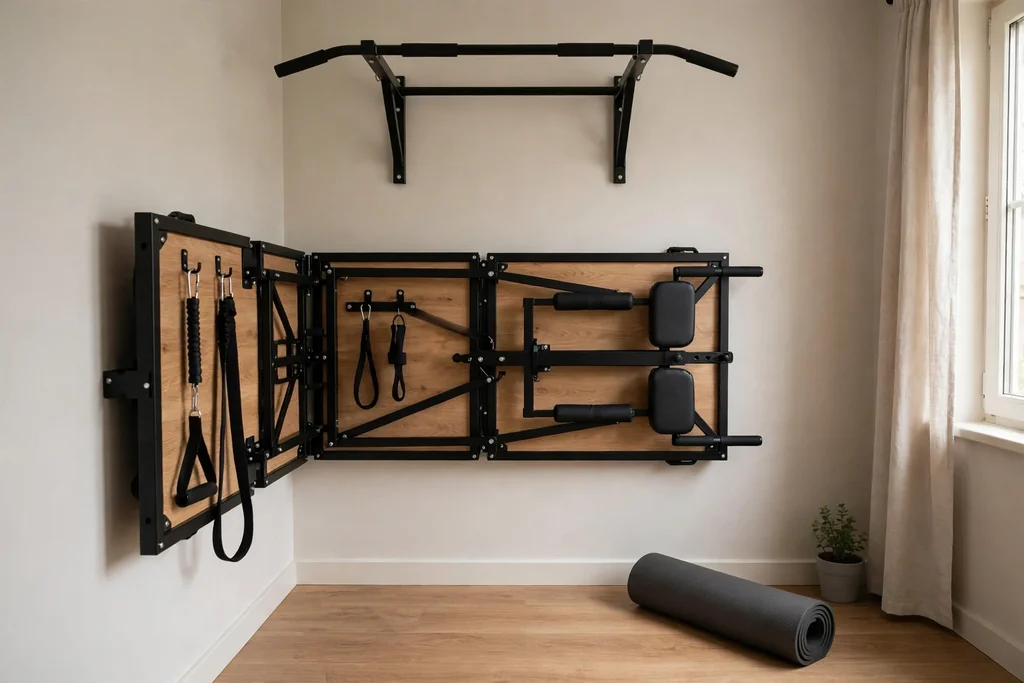 Small room with a fold away wall gym unit and a rolled mat beside it.