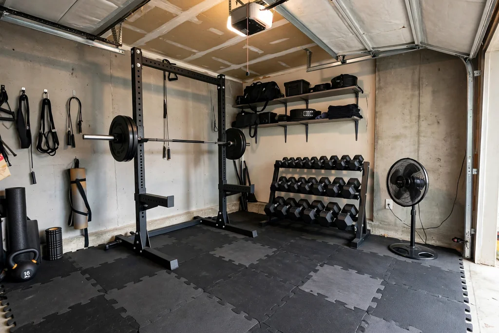 Garage gym corner with rubber floor tiles, a rack, and a fan.