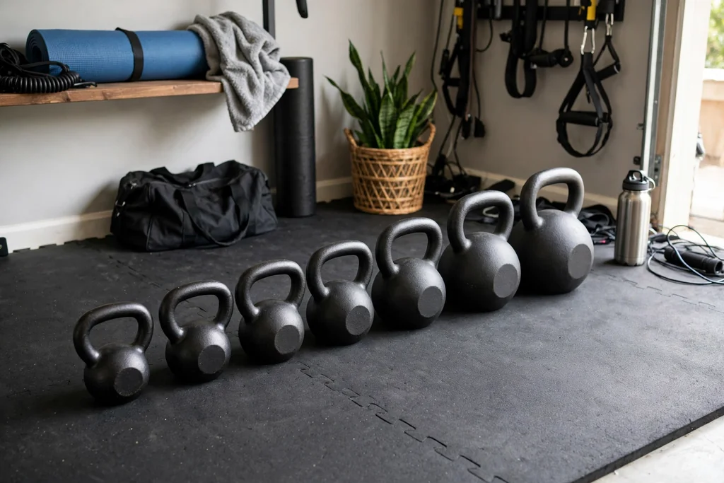 Kettlebell corner on a thick mat with kettlebells sorted by weight.