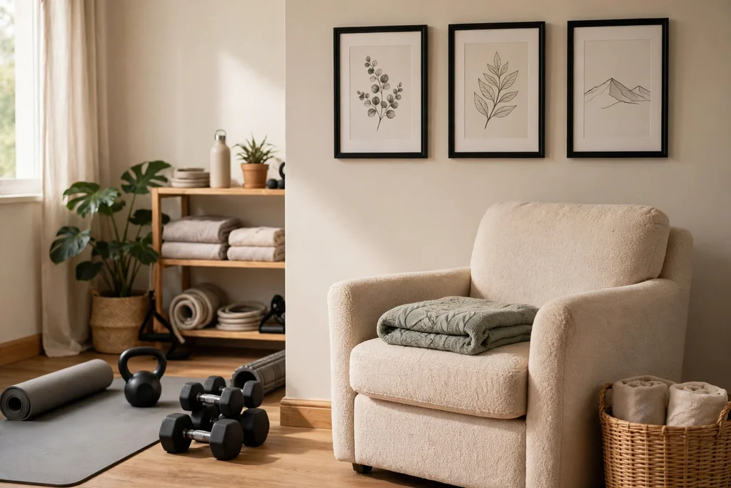 Home gym with a comfortable chair, folded throw, basket, and framed prints.