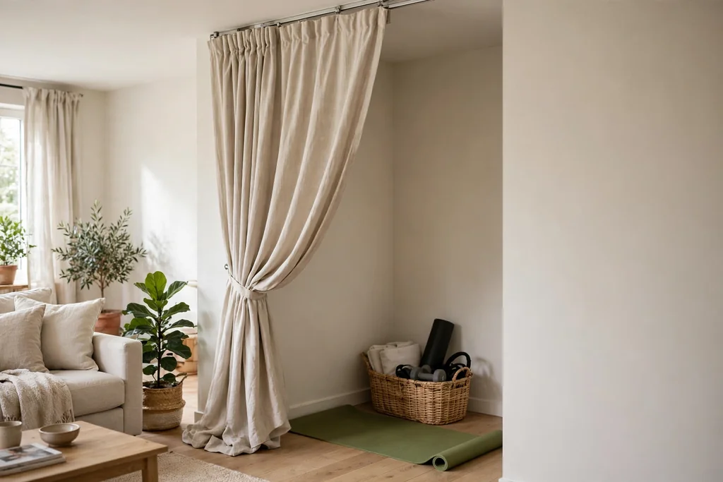Living room gym corner hidden behind a soft neutral curtain.