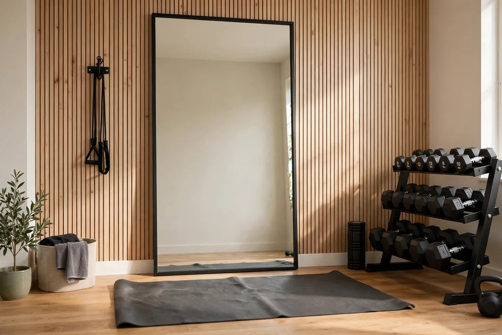 Home gym wall with a large mirror, a mat, and dumbbells.