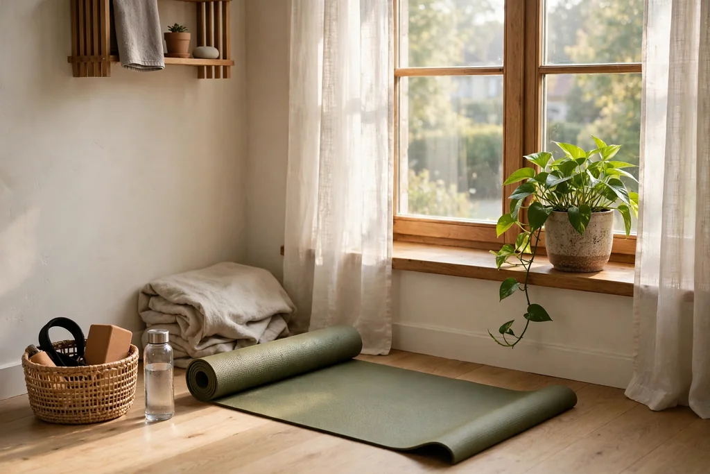 Morning light workout nook beside a bright window with a mat and plant.