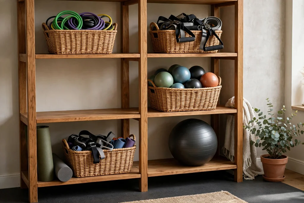 Open gym shelves with baskets holding bands, balls, and straps.