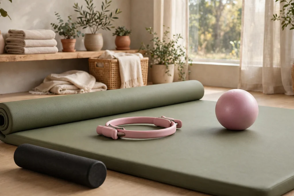 Pilates mat zone with a thick mat, small ball, ring, and foam roller.