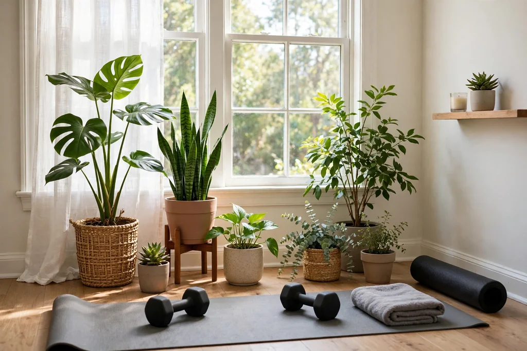 Home gym corner with plants at different heights beside a bright window.