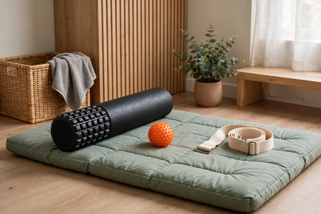 Recovery corner with a foam roller, massage ball, strap, and soft mat.