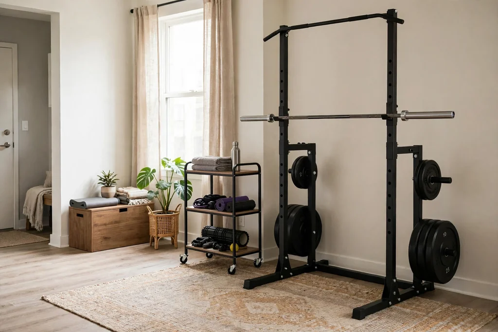 Renter friendly gym with freestanding rack, rolling cart, and rug.