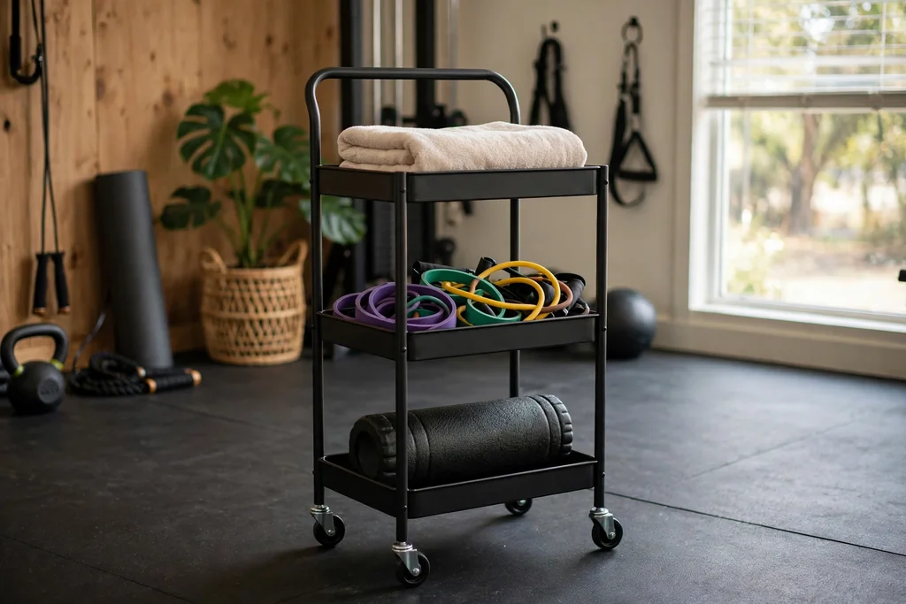 Rolling cart with tiers holding a towel, bands, and a foam roller.