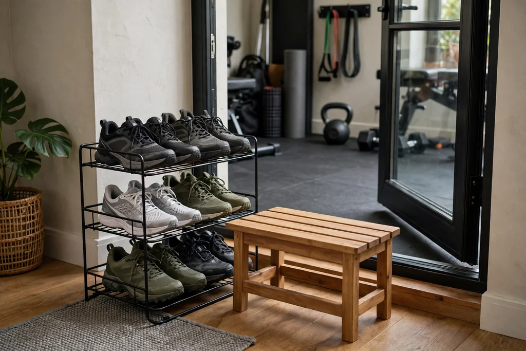Shoe tray by a gym door holding training shoes and a small bench.