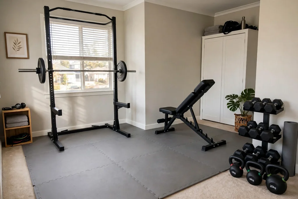 Spare bedroom turned into a gym room with a bench, rack, and clear floor space.