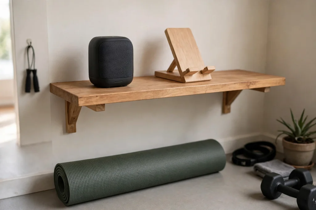 Home gym shelf with a small speaker and a phone stand beside it.