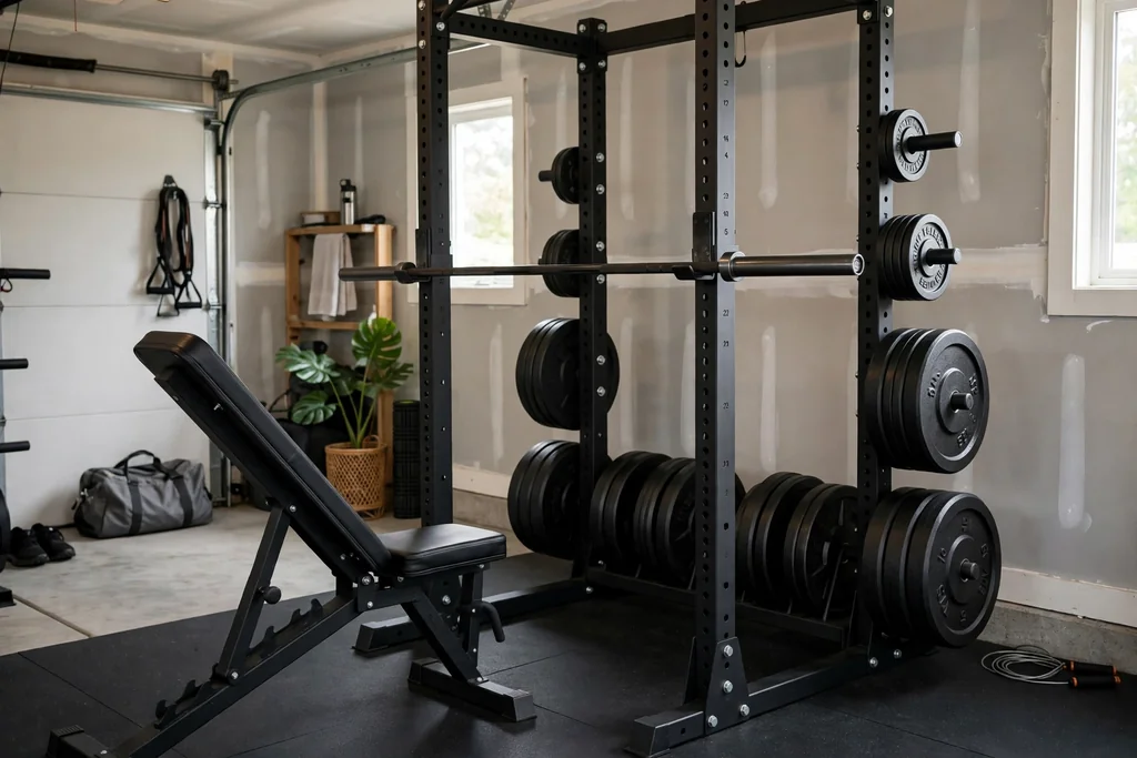 Strength station with an adjustable bench, rack, and plates on pegs.