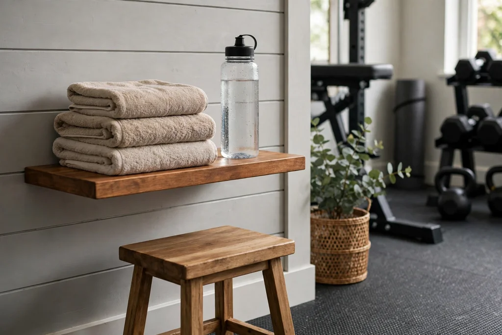Towel and water station with folded towels, a bottle, and a small stool.