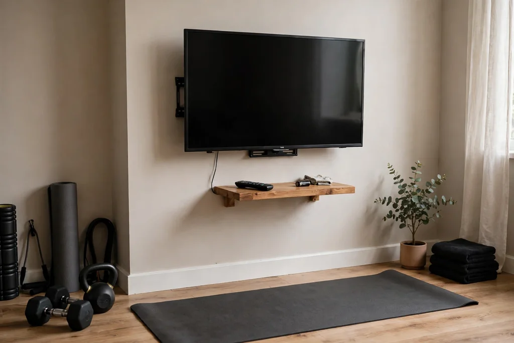 Home gym with a television at eye level, a mat, and a small shelf.