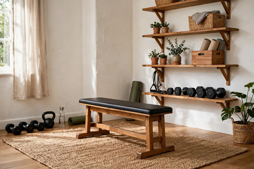 Home gym with a wood bench, warm white walls, and a natural rug.
