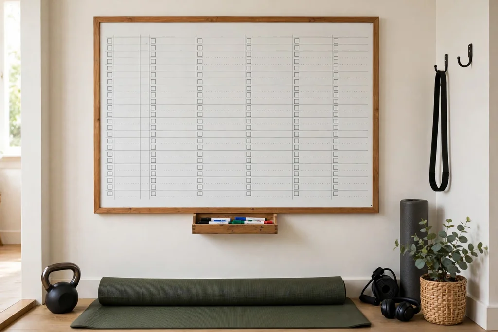 Home gym wall with a whiteboard workout tracker and markers in a tray.
