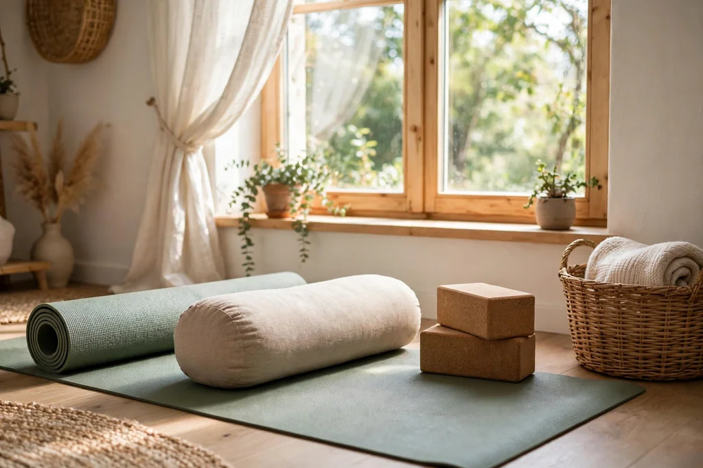 Yoga corner with a mat, bolster, blocks, and a basket by a window.