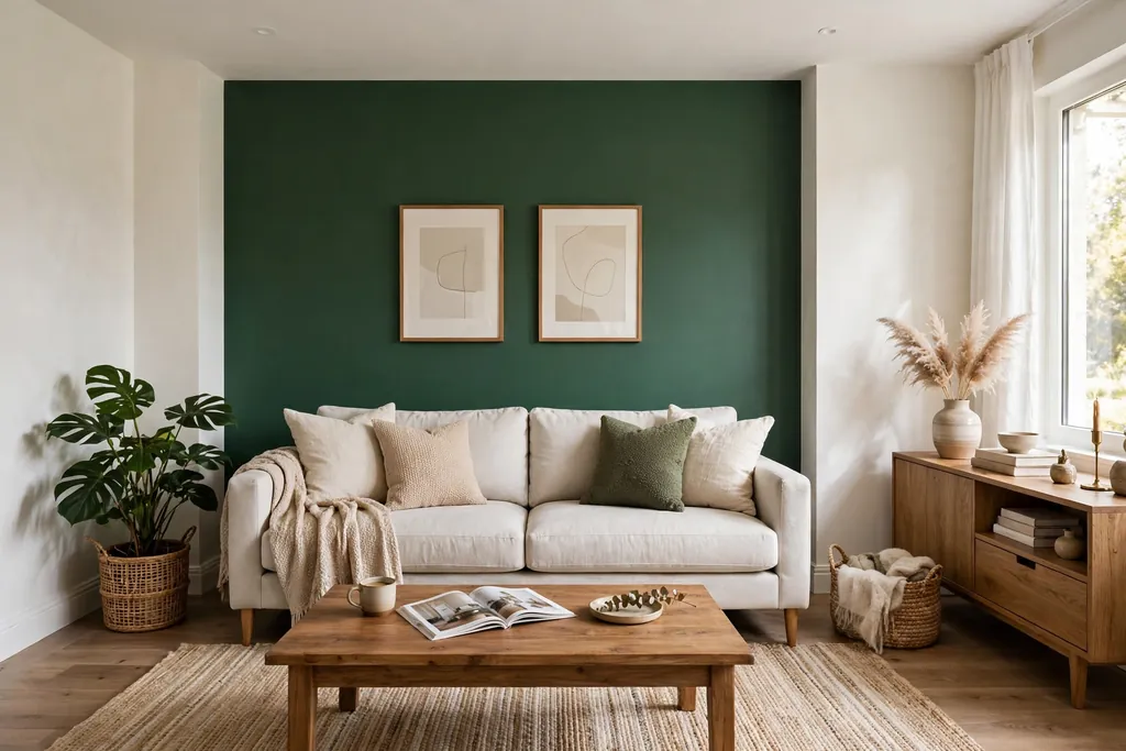 Living room with one deep green accent wall behind a pale sofa.