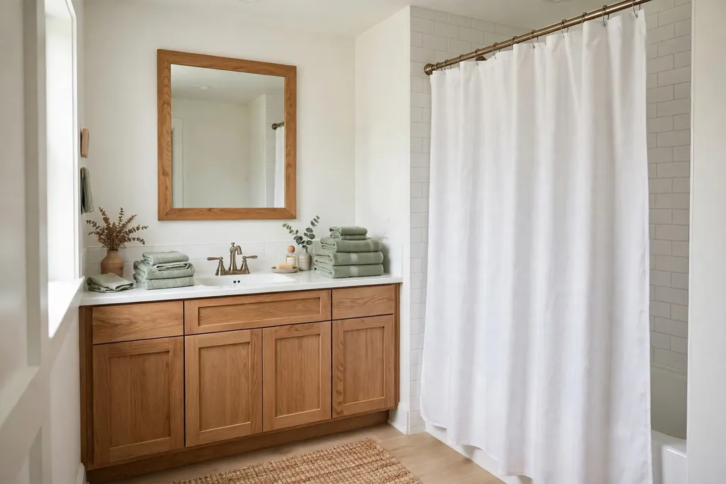 Bathroom with a fresh shower curtain, folded sage towels, and a framed mirror.