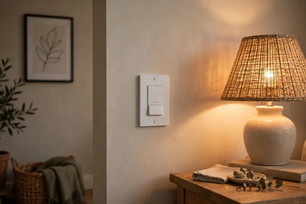 Living room wall with a new dimmer switch beside a warmly lit lamp.
