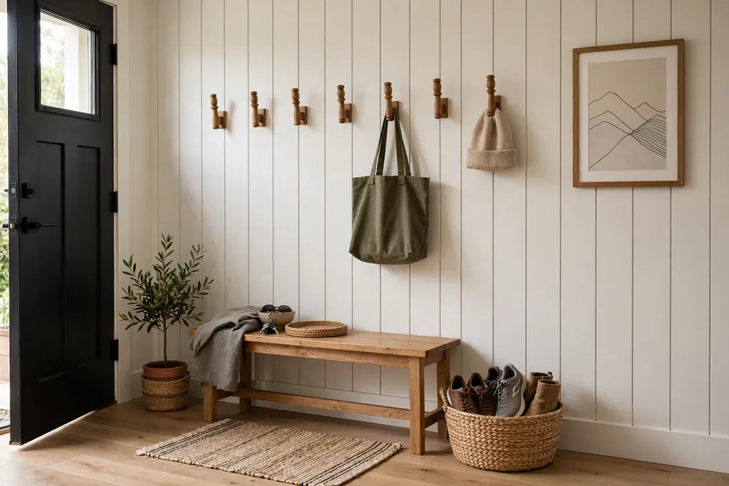 Entryway with a row of wood wall hooks, a small bench, and a basket.