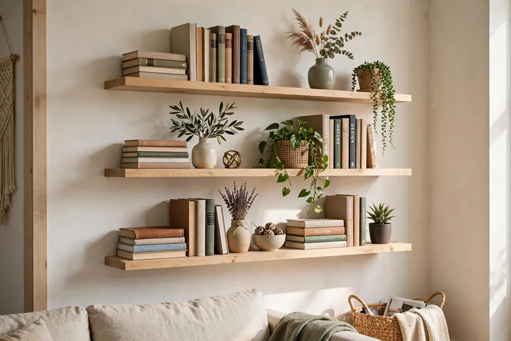 Living room wall with wood floating shelves holding books and plants.