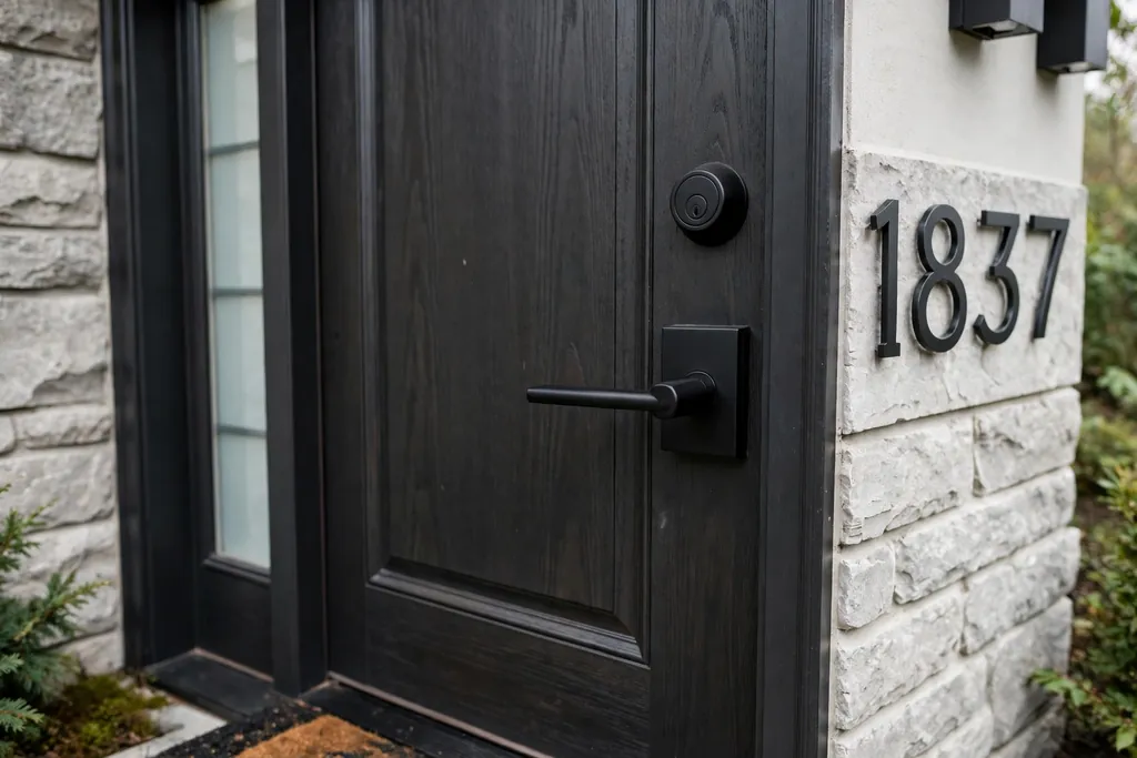 Front door with new matte black handle, lock, and house numbers.