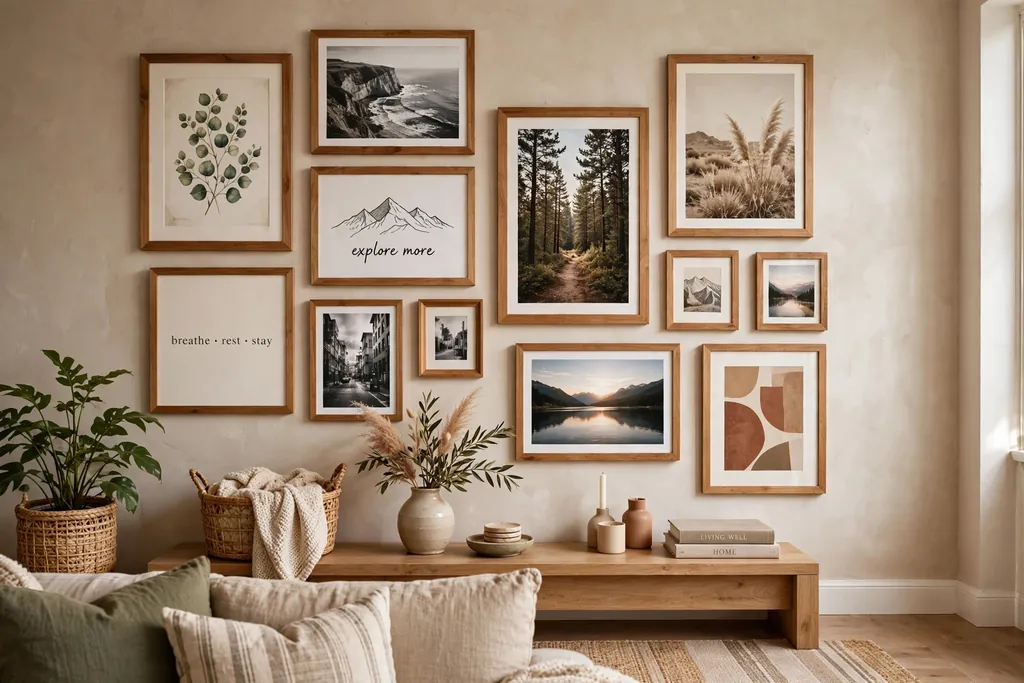 Living room wall with a gallery wall of framed prints in wood frames.