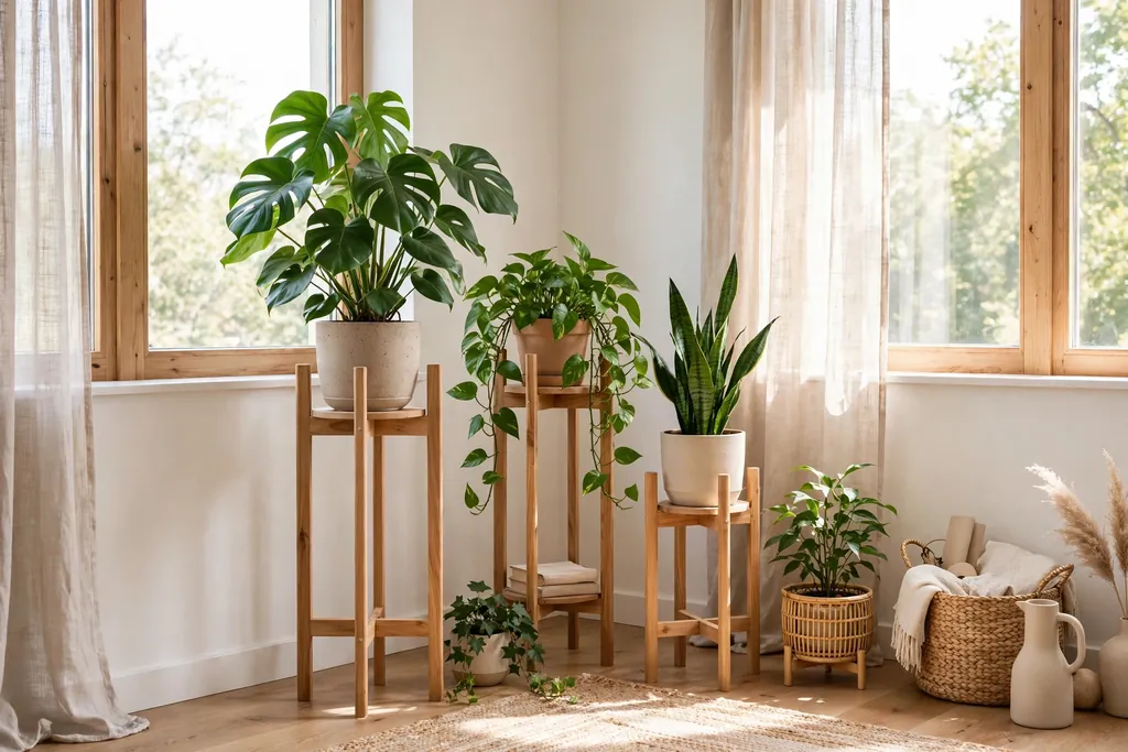Bright living room corner with houseplants on simple wood plant stands.