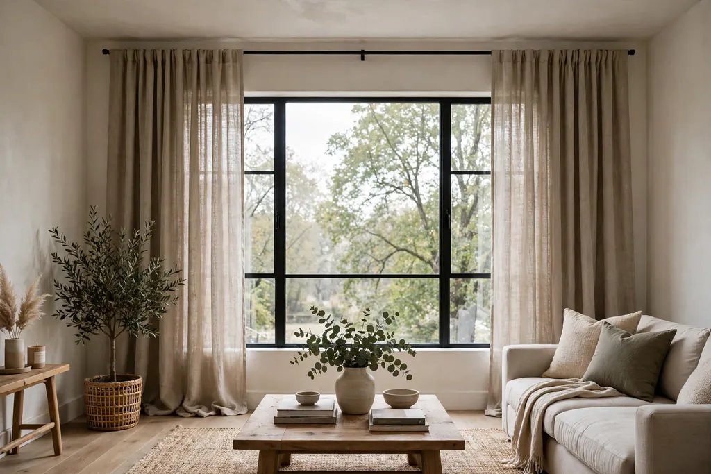 Living room window with linen curtains hung high and wide past the frame.