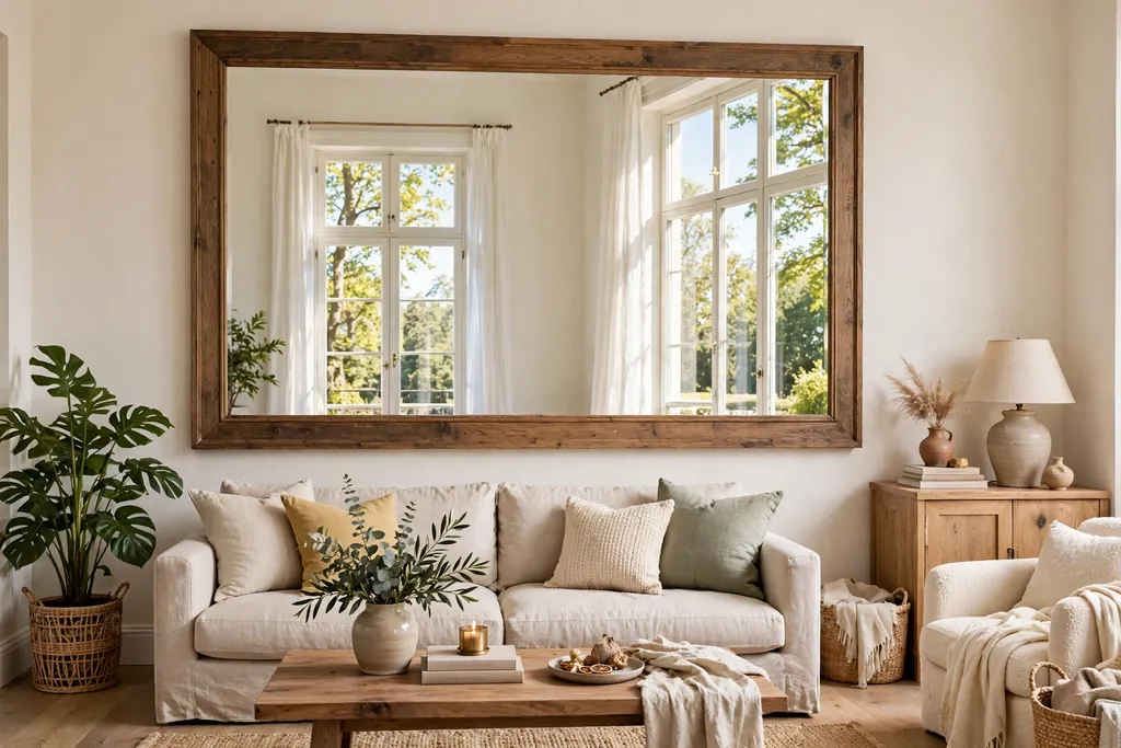 Bright living room with a large framed mirror reflecting a window.