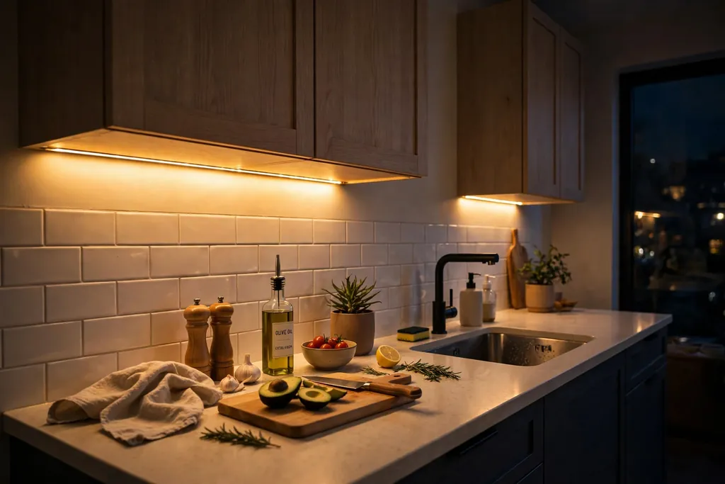 Kitchen counter lit by warm LED strip lights under upper cabinets in the evening.