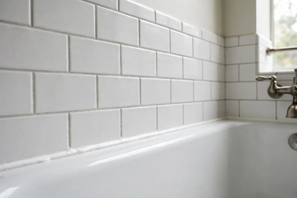 Bathroom bathtub edge with a clean new white caulk line.
