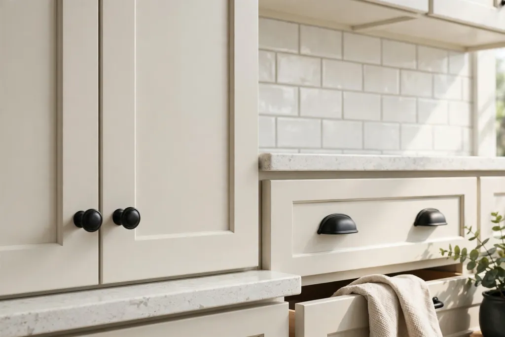 Kitchen cabinets with new matte black knobs and cup pulls.