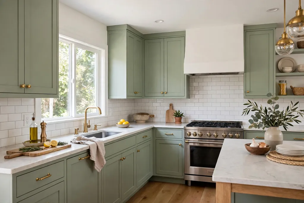 Kitchen with cabinets freshly painted soft sage green with brass knobs.