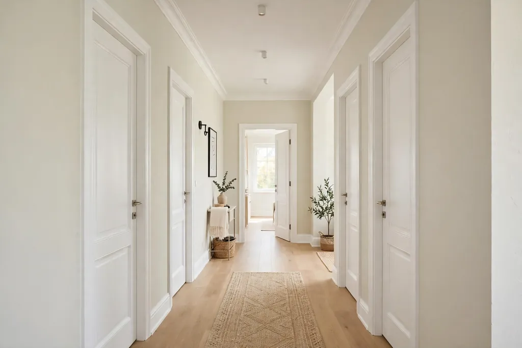 Hallway with interior doors and trim freshly painted bright white.